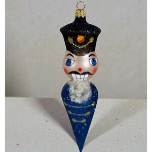 Vintage Blown Glass Christmas Ornament - Stylized Blue‎ Nutcracker Teardrop 8"
